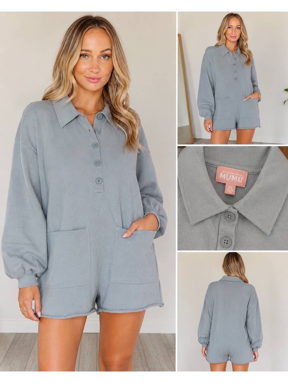 Show Me Your Mumu Knit Romper XS Sage Green Long Sleeve Collared Playsuit